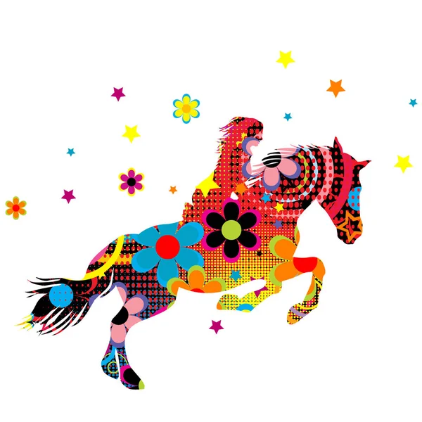 Fantástico jinete de caballo con adorno floral — Vector de stock