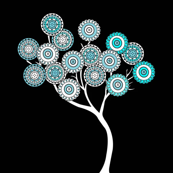 Tree with blue ethnic motifs flowers — Stock Vector