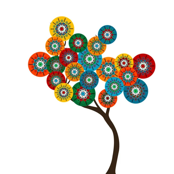 Arbre stylisé avec des fleurs de cercle colorées — Image vectorielle