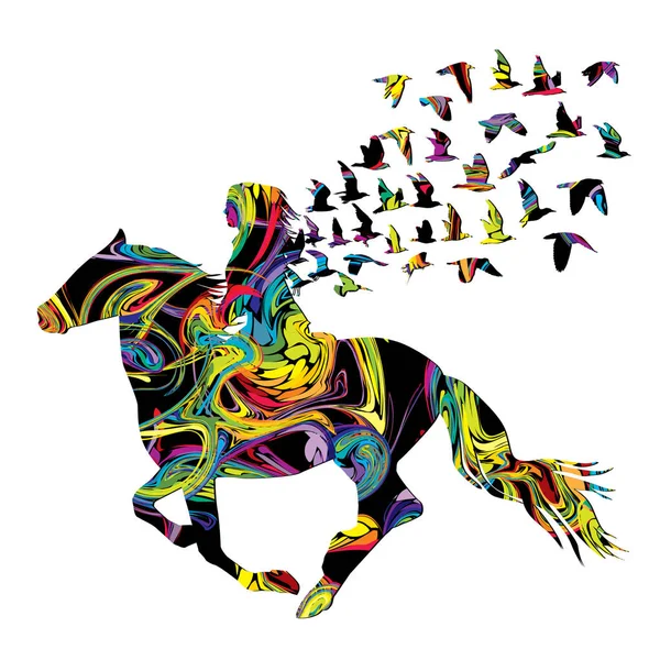 Femme abstraite colorée cavalier avec des oiseaux — Image vectorielle