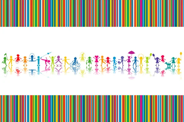 Cartoon colored children silhouettes on striped background — Stock Vector