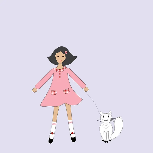 Bonito cartoon menina com um gato — Vetor de Stock