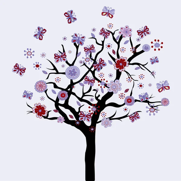 Árbol floral abstracto con flores y mariposas — Vector de stock