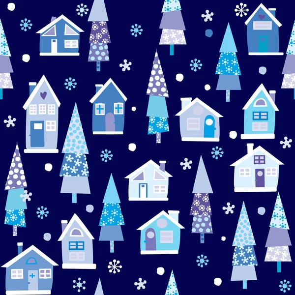 Winter seamless background with houses and trees — Stock Vector