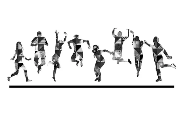 黒と白の幾何学模様の人々のシルエットジャンプ — ストックベクタ
