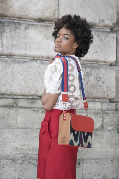 Conceito Moda Rua Retrato Elegante Jovem Mulher Bonita Edifícios Paris — Fotografia de Stock