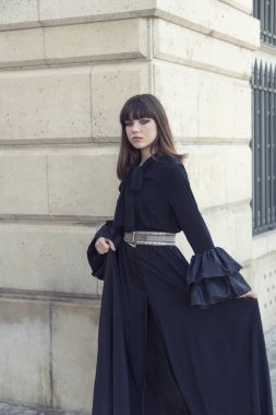 Sokak moda kavramı. Zarif genç güzel kadın portresi. Arka plan olarak Paris binalar.