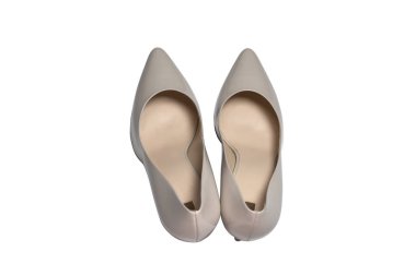 Beyaz arka planda şık yüksek topuk ayakkabı, Üst görünüm. Düz yatıyordu.