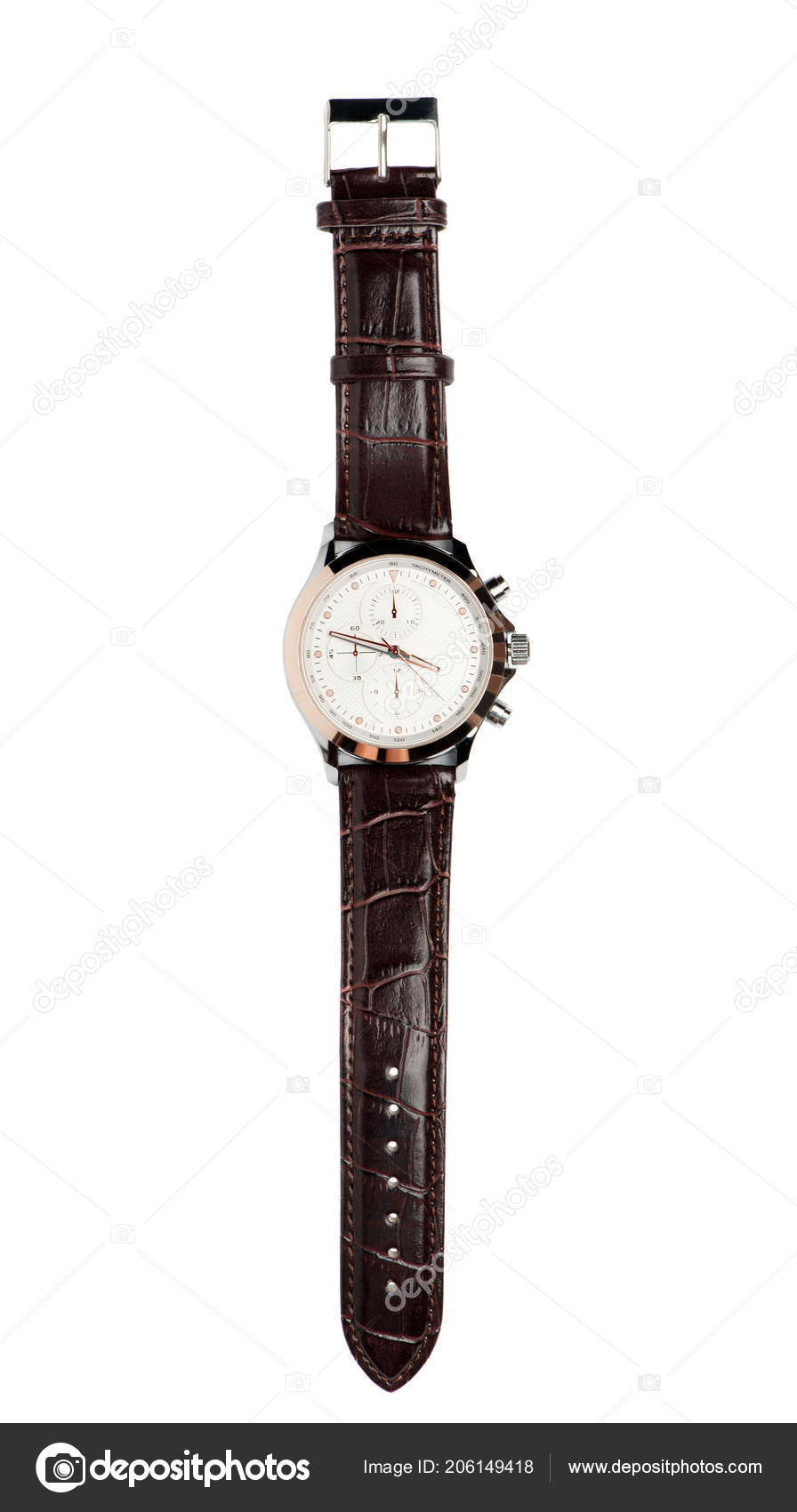 Men's Watch Leather Strap White Dial Isolated White Background
