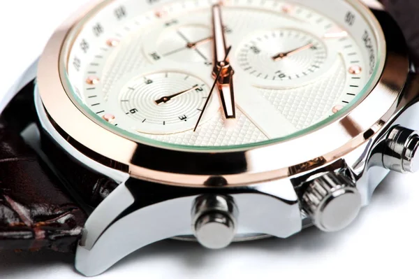 Zegarek Męski Skórzany Pasek Białe Cyferblat Białym Tle Białym Tle — Zdjęcie stockowe