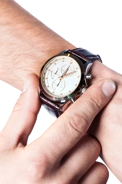 Orologio Uomo Con Cinturino Pelle Quadrante Bianco Sulla Mano — Foto Stock