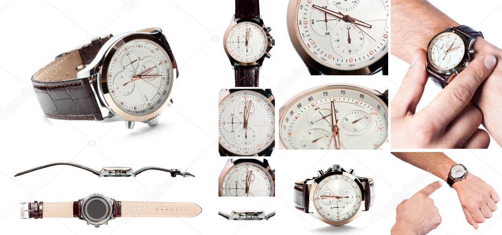 Set: Men's watch with leather strap and white dial, isolated on a white background
