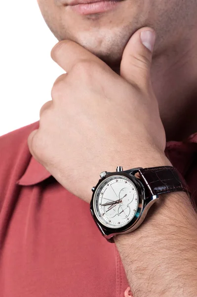 Men Watch Leather Strap White Dial Hand — Stock Photo, Image