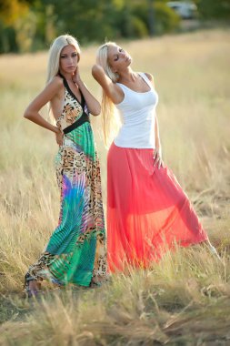 İki güzel seksi sarışın kızı çimenlerde poz