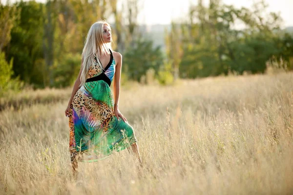 美丽性感的金发女孩摆在草地上 — 图库照片