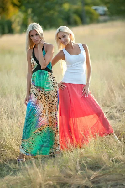 Две Красивые Сексуальные Блондинки Позируют Траве — стоковое фото