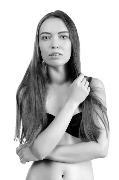Modell vizsgálatok. Hosszú haj fekete úszik szép szexi lány — Stock Fotó
