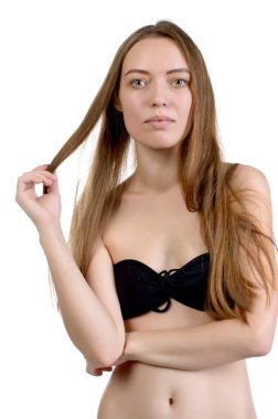 Model testleri. Siyah bir Yüzer uzun saçlı güzel seksi kız