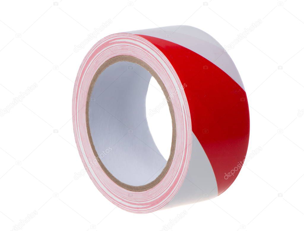 A roll of red-white ribbon for fencing, close-up on a white back