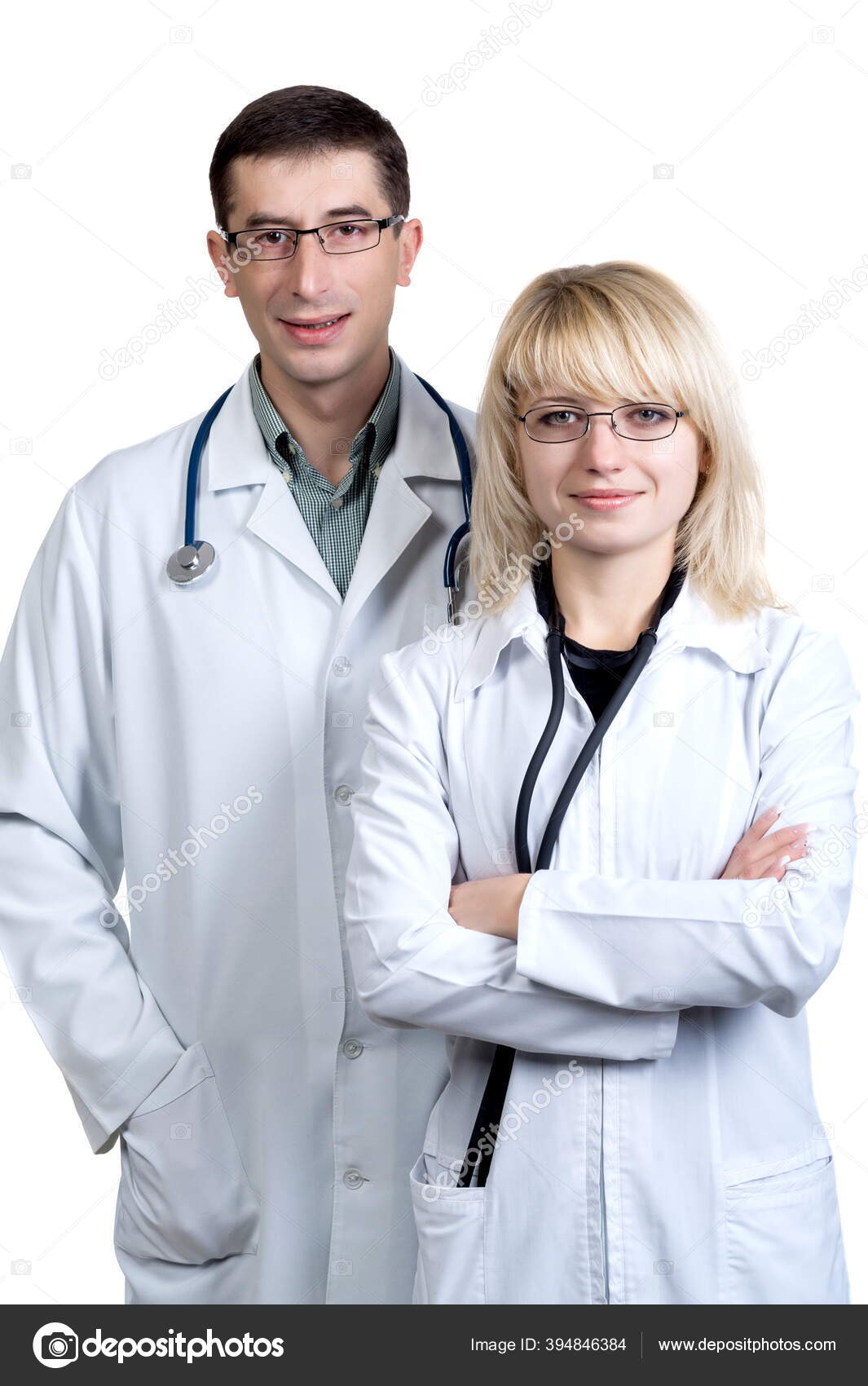 Man Woman White Coats Doctors Stethoscopes White Background Isolation ...