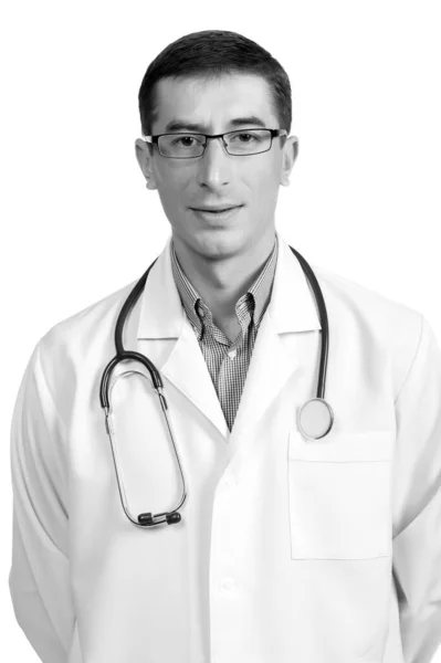 Jeune Homme Manteau Médecins Avec Stéthoscope Posant Sur Fond Blanc — Photo