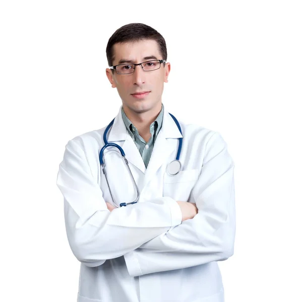 Genç Adam Doktor Ceketi Steteskop Beyaz Arka Planda Karantinada Poz — Stok fotoğraf