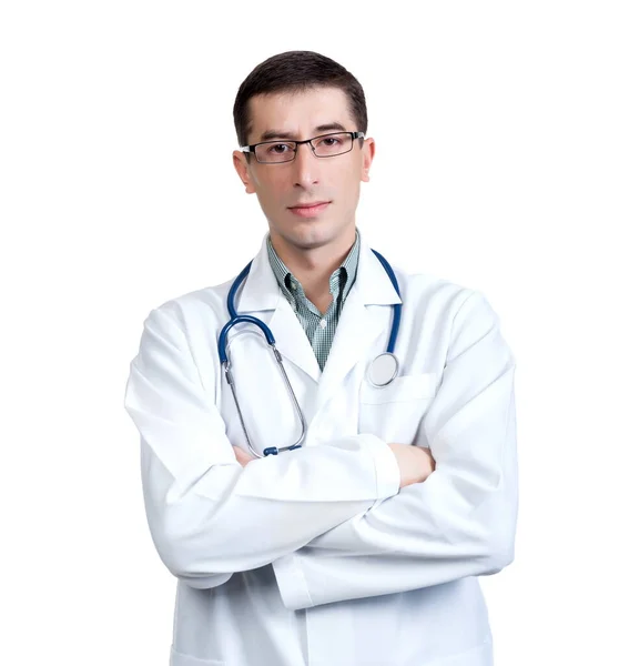 Jeune Homme Manteau Médecins Avec Stéthoscope Posant Sur Fond Blanc — Photo