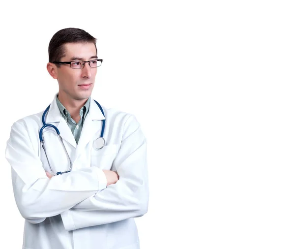 Young Man Doctors Coat Stethoscope Posing White Background Isolation — Stock Photo, Image