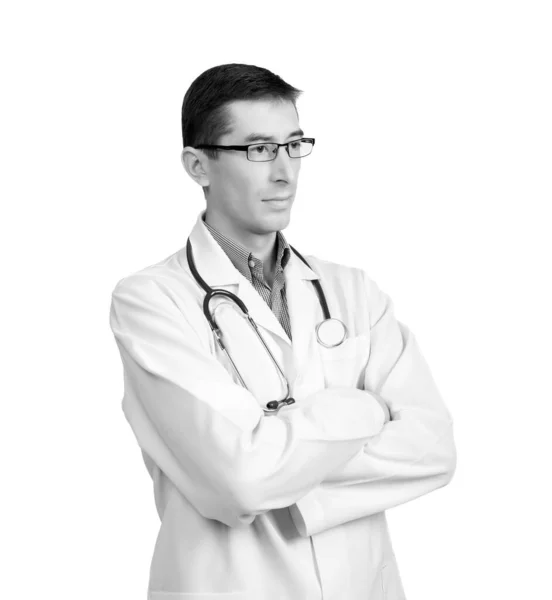 Jeune Homme Manteau Médecins Avec Stéthoscope Posant Sur Fond Blanc — Photo