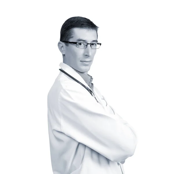 Νεαρός Άνδρας Ένα Παλτό Γιατρού Στηθοσκόπιο Που Ποζάρει Λευκό Φόντο — Φωτογραφία Αρχείου