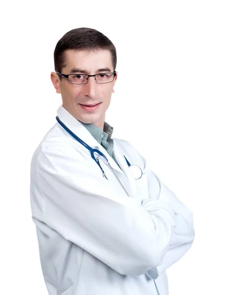 Junger Mann Arztkittel Mit Stethoskop Posiert Isoliert Auf Weißem Hintergrund — Stockfoto