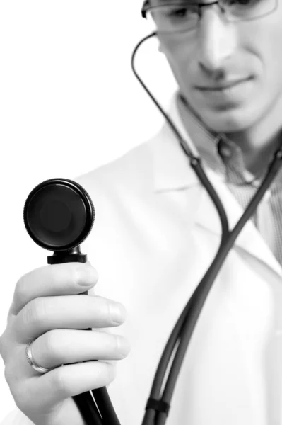 Young Man Doctors Coat Stethoscope Posing White Background Isolation — Stock Photo, Image