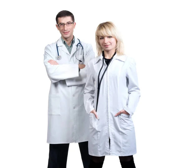 Mann Und Frau Weißen Arztkitteln Mit Stethoskopen Auf Weißem Hintergrund — Stockfoto