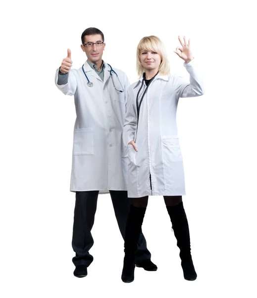 Hombre Mujer Con Batas Blancas Médicos Con Estetoscopios Sobre Fondo — Foto de Stock