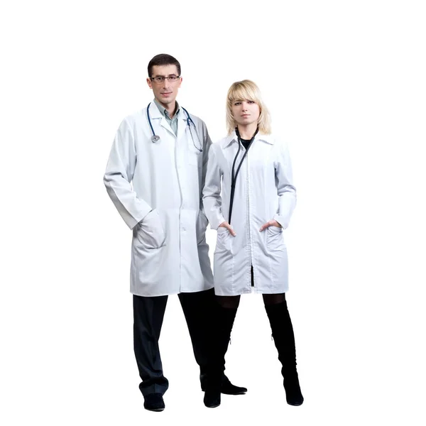 Man Woman White Coats Doctors Stethoscopes White Background Isolation — Stock Photo, Image