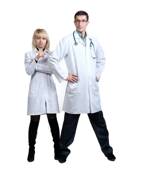 Mann Und Frau Weißen Arztkitteln Mit Stethoskopen Auf Weißem Hintergrund — Stockfoto