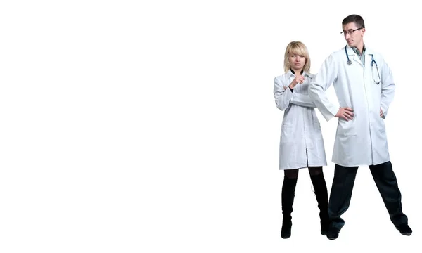 Man Woman White Coats Doctors Stethoscopes White Background Isolation — Stock Photo, Image