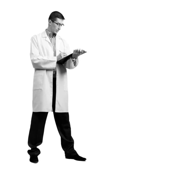 Man Doctors Suit Takes Notes White Background Isolation — Stock Photo, Image