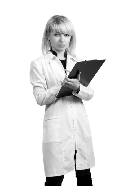 Γυναίκα Ένα Κοστούμι Γιατρούς Κάνει Ένα Ρεκόρ Λευκό Φόντο Στην — Φωτογραφία Αρχείου