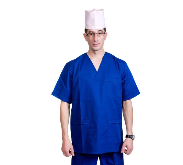 Egy Férfi Kék Orvosi Öltönyben Sapkában Fehér Alapon Elszigetelve — Stock Fotó