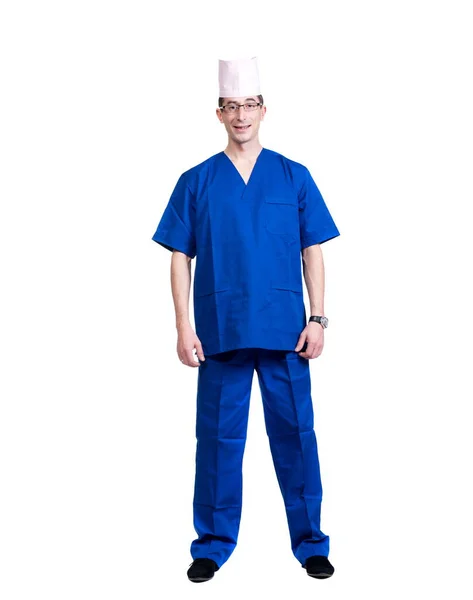 Homme Costume Médecin Bleu Casquette Sur Fond Blanc Isolé — Photo