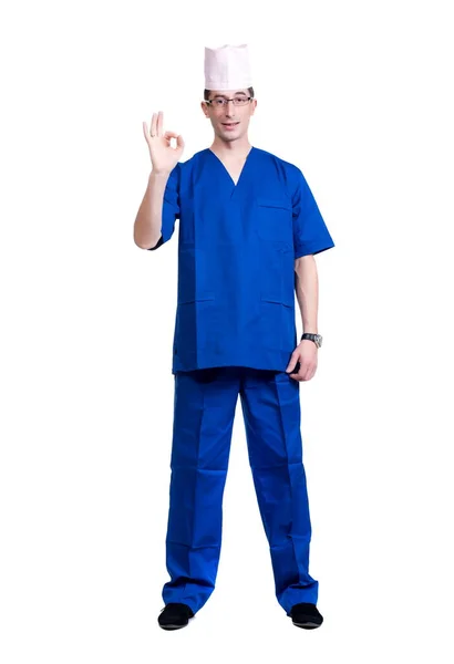 Homme Costume Médecin Bleu Casquette Sur Fond Blanc Isolé — Photo