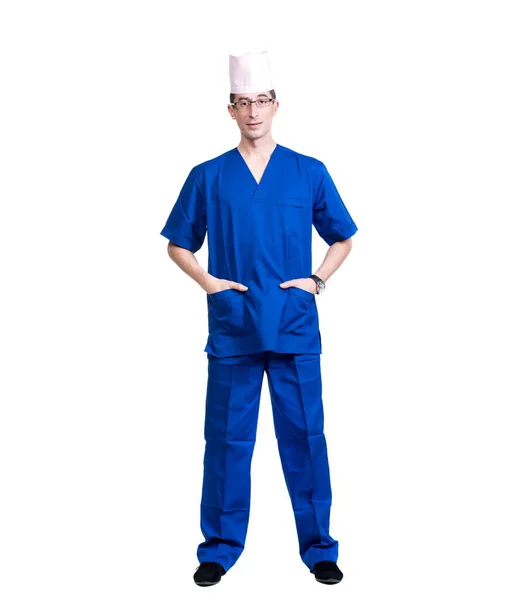 Ένας Άντρας Μπλε Κοστούμι Γιατρού Και Καπέλο Λευκό Φόντο Απομονωμένος — Φωτογραφία Αρχείου