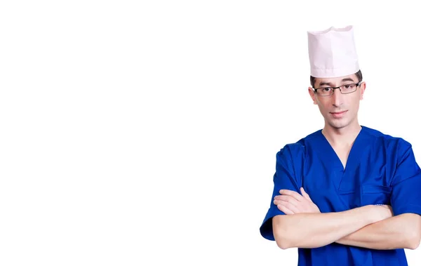 Ein Mann Blauem Arztanzug Und Mütze Auf Weißem Hintergrund Isoliert — Stockfoto