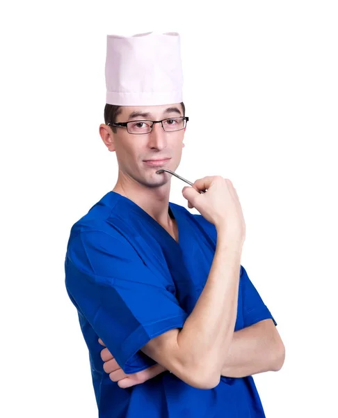 Homme Costume Médecin Casquette Avec Une Pince Chirurgicale Dans Les — Photo