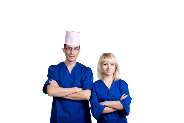 Mann Und Frau Blauen Anzügen Auf Weißem Hintergrund Isolation — Stockfoto