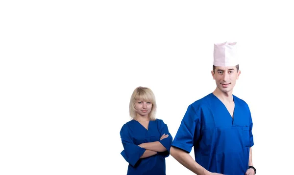 Hombre Mujer Trajes Médicos Azules Sobre Fondo Blanco Aislamiento —  Fotos de Stock