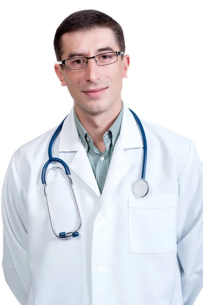 Młody Człowiek Płaszcz Lekarski Stetoskopem Białym Tle Izolacji Zdjęcia Stockowe bez tantiem
