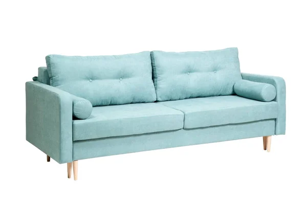 Türkisfarbenes Sofa Mit Zwei Kissen Und Zwei Backen Auf Weißem — Stockfoto