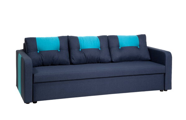 Dark blue sofa with two pillows on white background isolated
